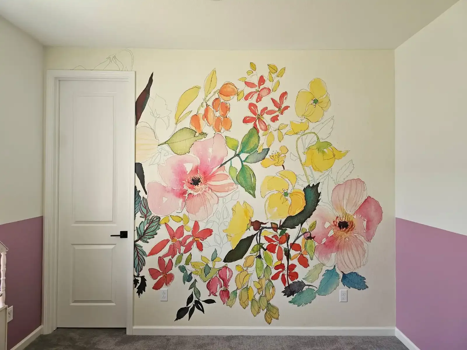 A large floral mural bringing color to a small room