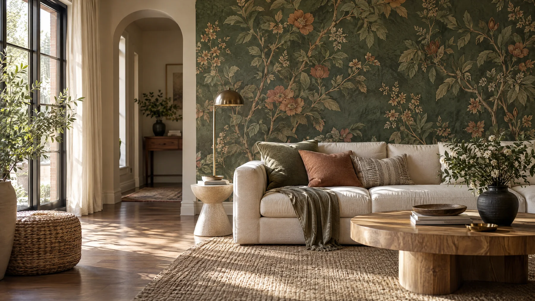 Sunlit living room with a dark botanical wallpaper accent wall