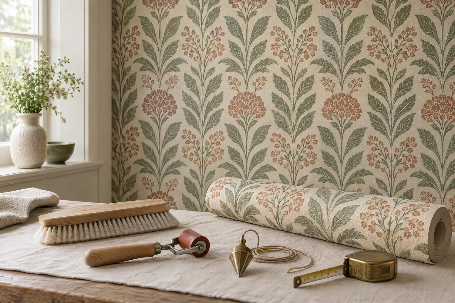 Wallpaper roll and installation tools arranged beside a patterned wall